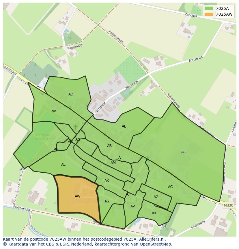 Afbeelding van het postcodegebied 7025 AW op de kaart.