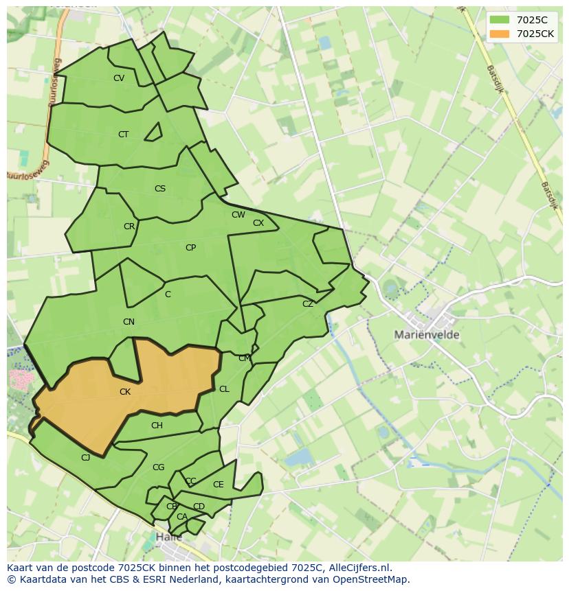 Afbeelding van het postcodegebied 7025 CK op de kaart.