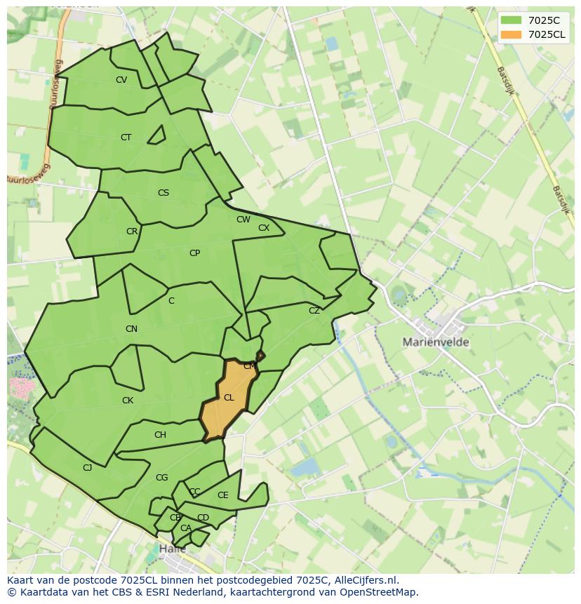 Afbeelding van het postcodegebied 7025 CL op de kaart.