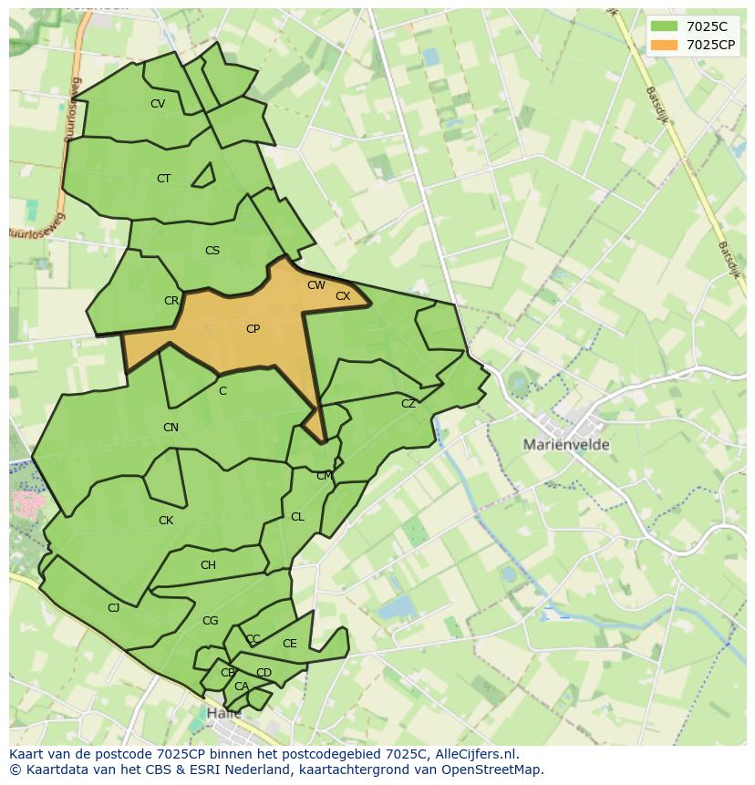 Afbeelding van het postcodegebied 7025 CP op de kaart.