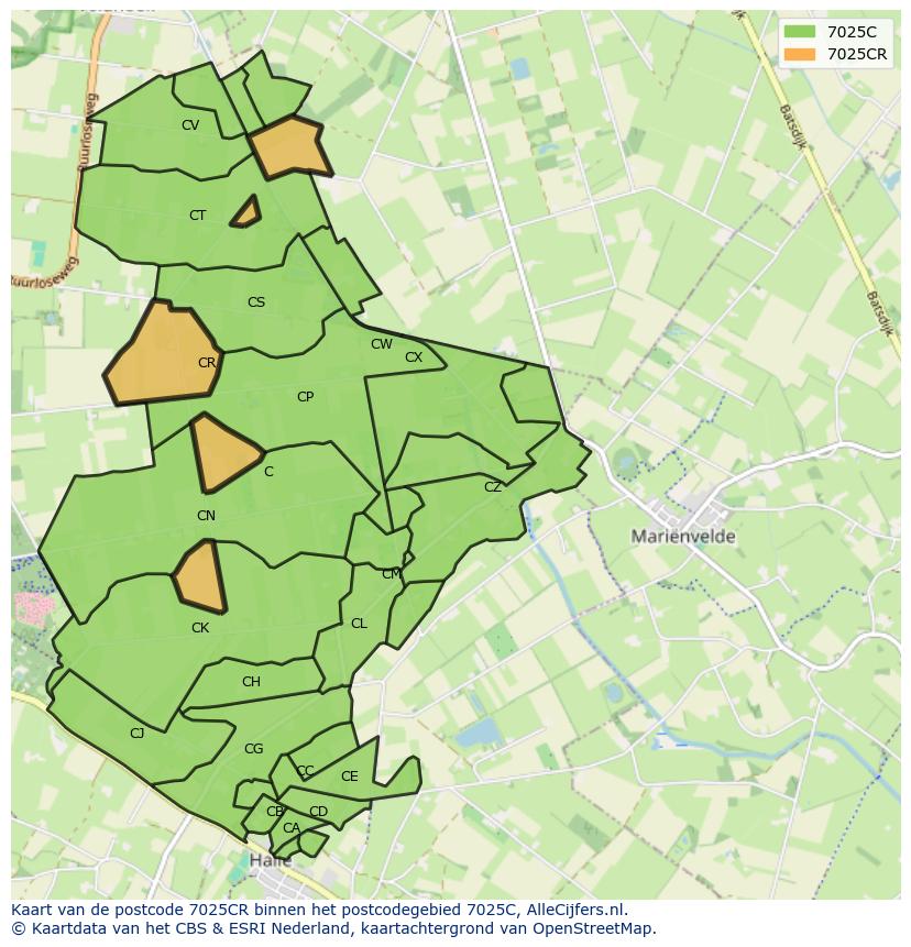 Afbeelding van het postcodegebied 7025 CR op de kaart.