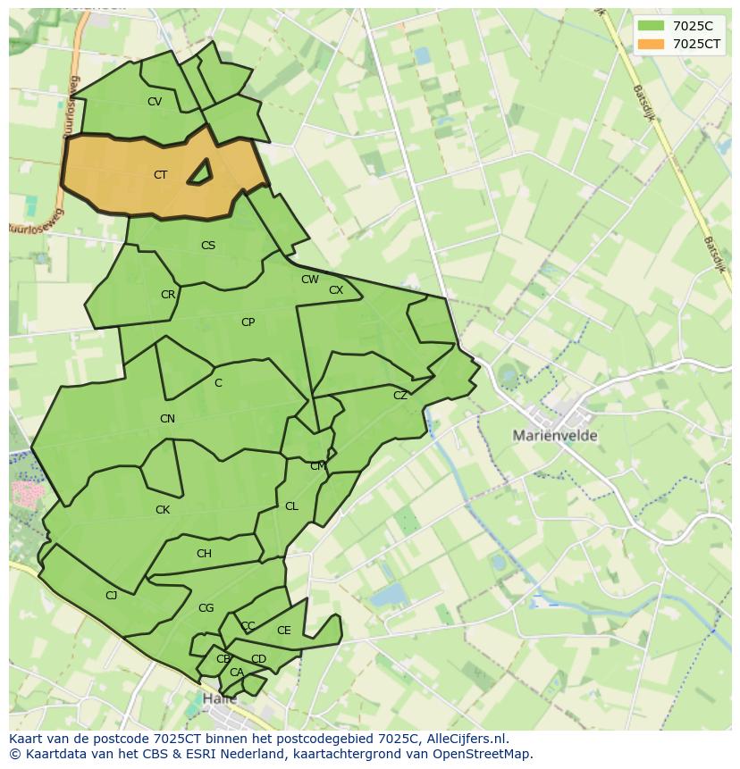 Afbeelding van het postcodegebied 7025 CT op de kaart.
