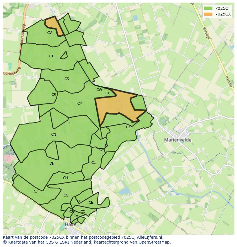 Afbeelding van het postcodegebied 7025 CX op de kaart.