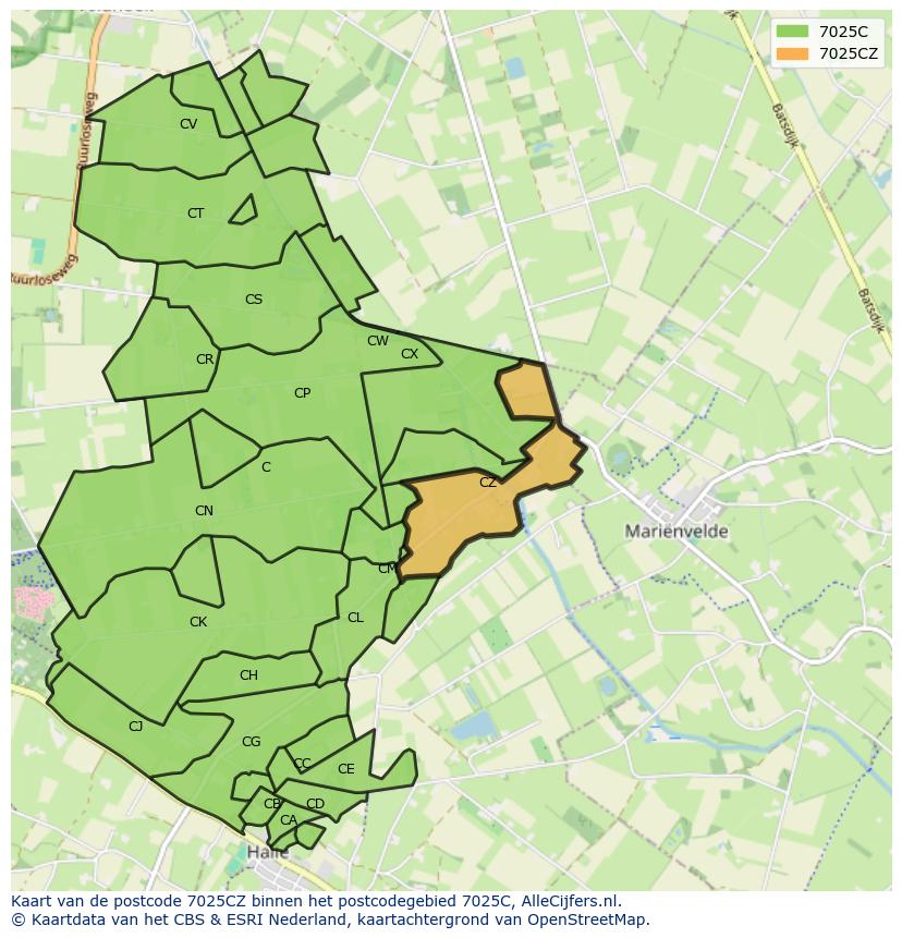Afbeelding van het postcodegebied 7025 CZ op de kaart.