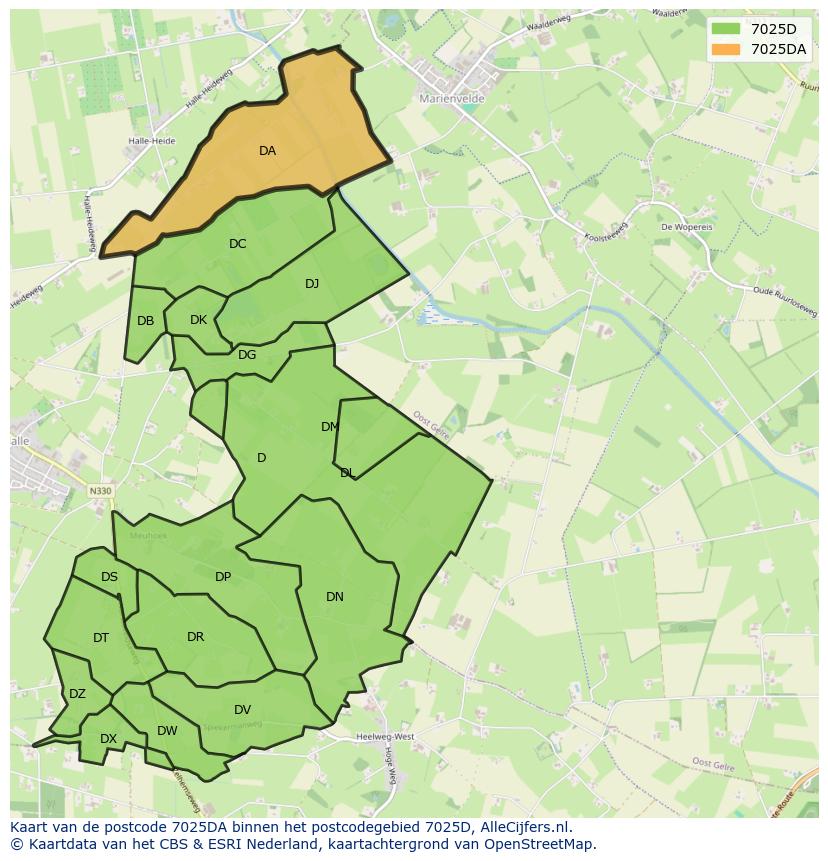 Afbeelding van het postcodegebied 7025 DA op de kaart.
