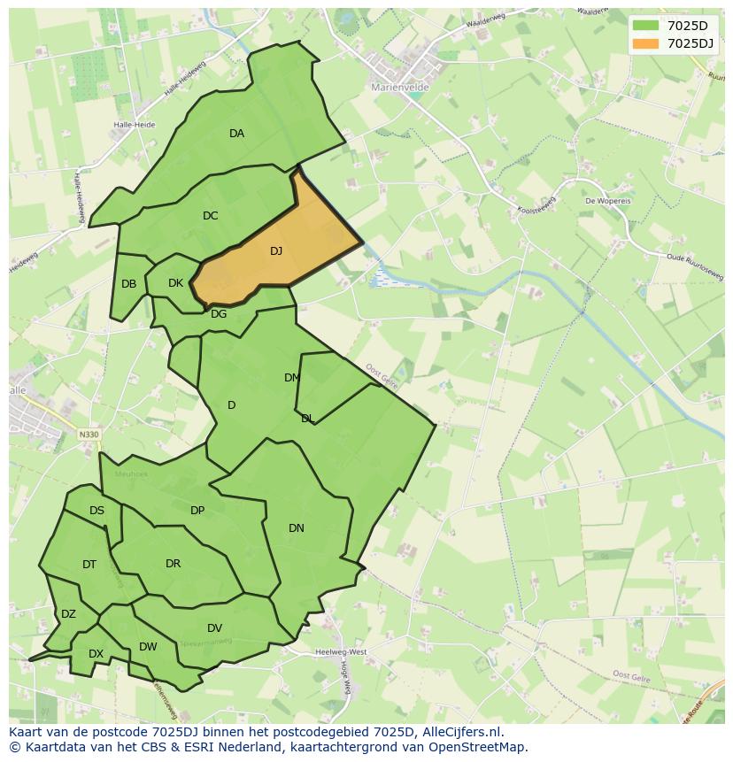 Afbeelding van het postcodegebied 7025 DJ op de kaart.
