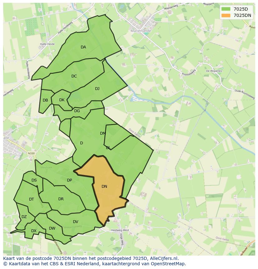 Afbeelding van het postcodegebied 7025 DN op de kaart.