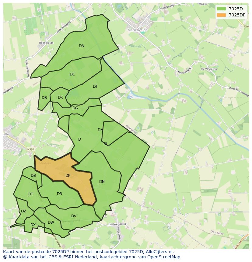 Afbeelding van het postcodegebied 7025 DP op de kaart.