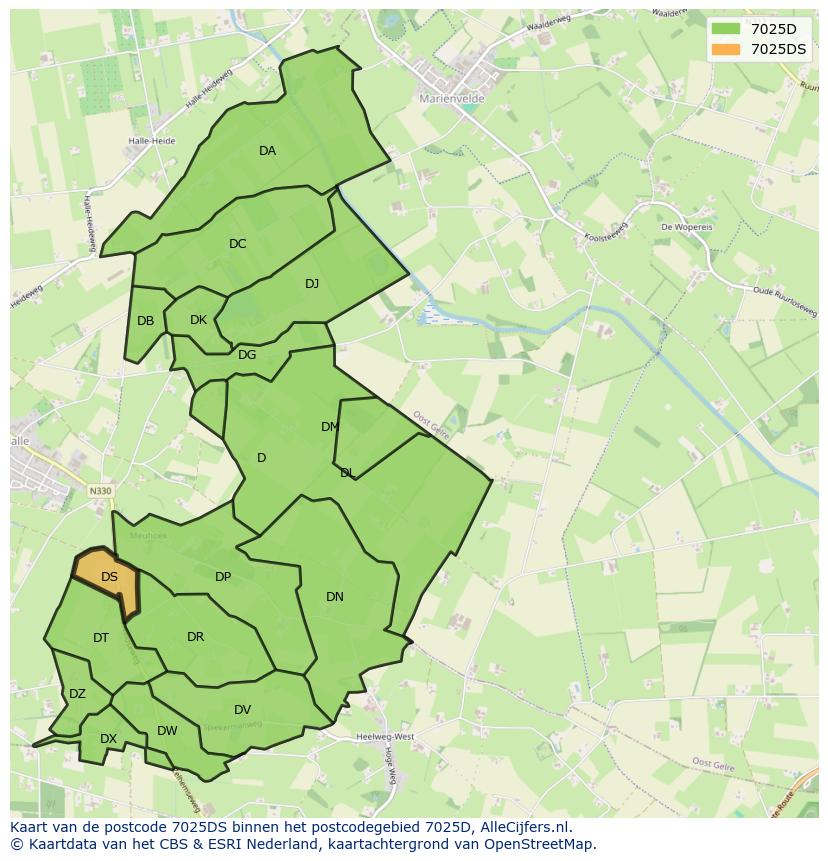 Afbeelding van het postcodegebied 7025 DS op de kaart.