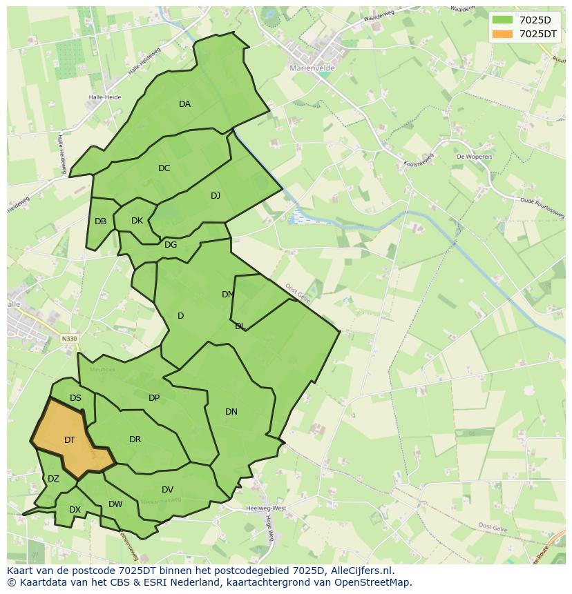 Afbeelding van het postcodegebied 7025 DT op de kaart.