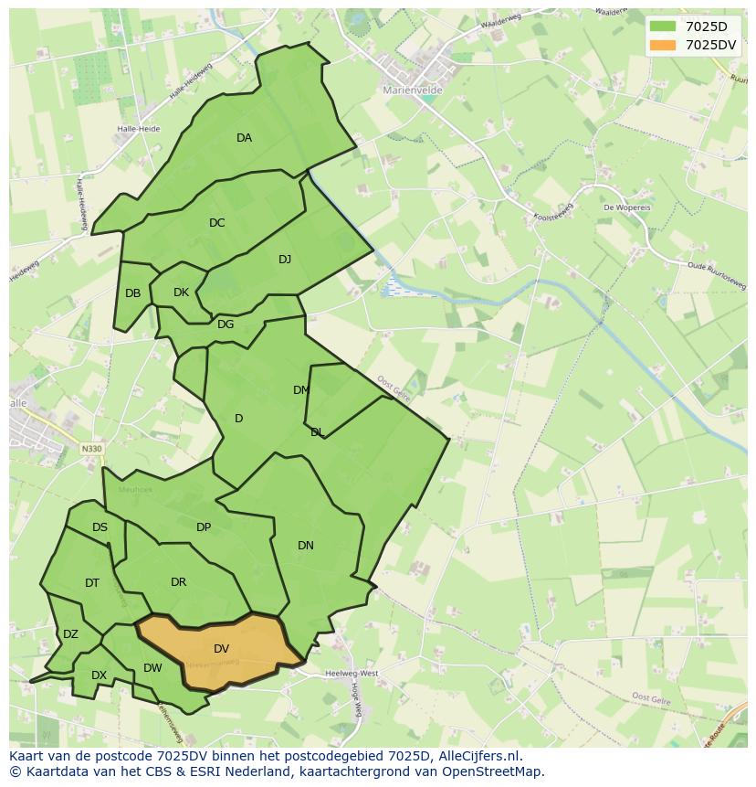 Afbeelding van het postcodegebied 7025 DV op de kaart.