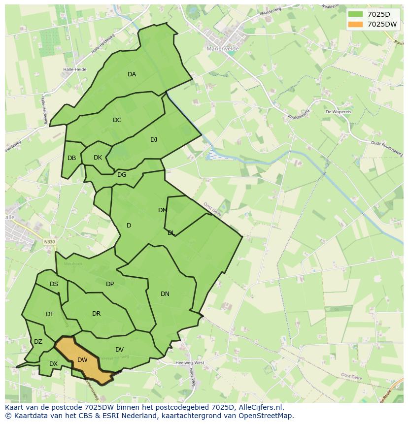 Afbeelding van het postcodegebied 7025 DW op de kaart.