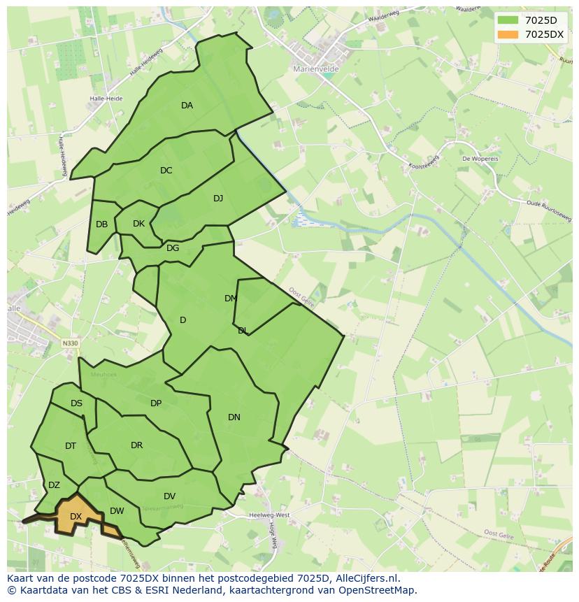 Afbeelding van het postcodegebied 7025 DX op de kaart.