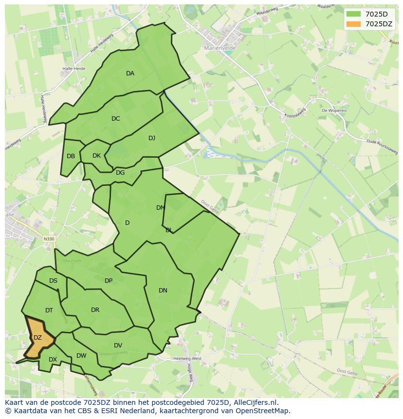 Afbeelding van het postcodegebied 7025 DZ op de kaart.