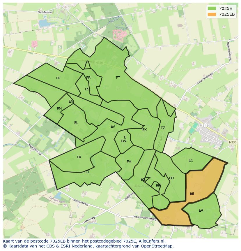 Afbeelding van het postcodegebied 7025 EB op de kaart.