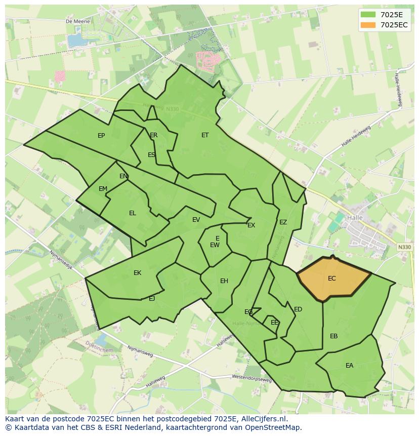 Afbeelding van het postcodegebied 7025 EC op de kaart.