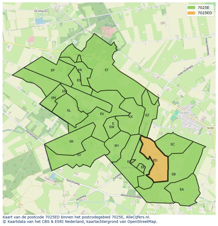 Afbeelding van het postcodegebied 7025 ED op de kaart.