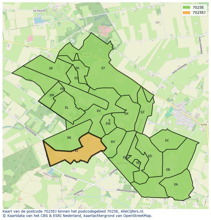 Afbeelding van het postcodegebied 7025 EJ op de kaart.
