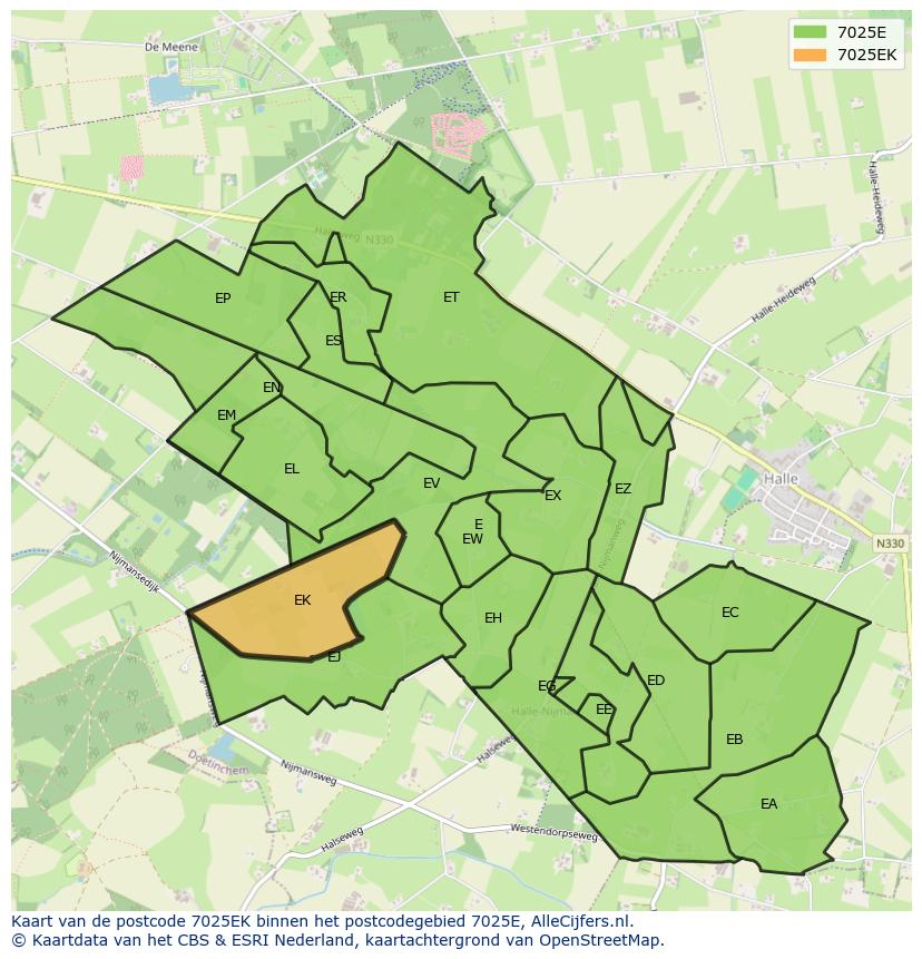 Afbeelding van het postcodegebied 7025 EK op de kaart.