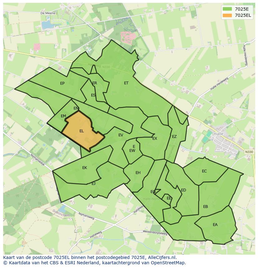 Afbeelding van het postcodegebied 7025 EL op de kaart.