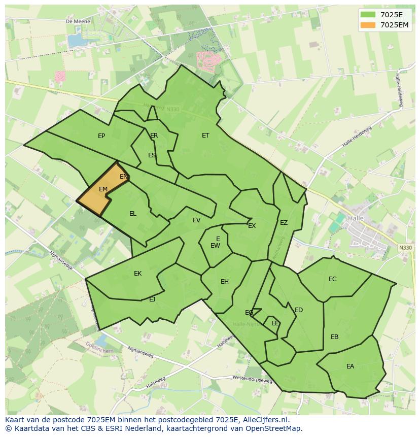 Afbeelding van het postcodegebied 7025 EM op de kaart.