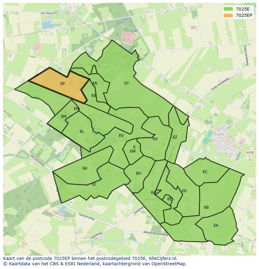 Afbeelding van het postcodegebied 7025 EP op de kaart.