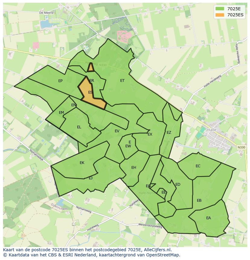 Afbeelding van het postcodegebied 7025 ES op de kaart.
