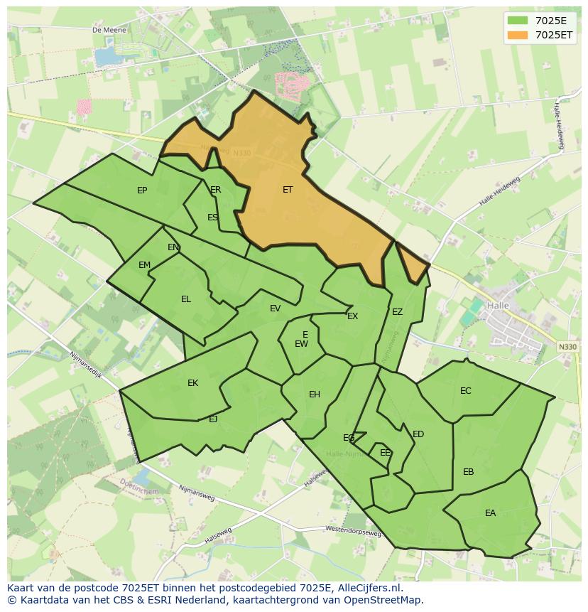 Afbeelding van het postcodegebied 7025 ET op de kaart.