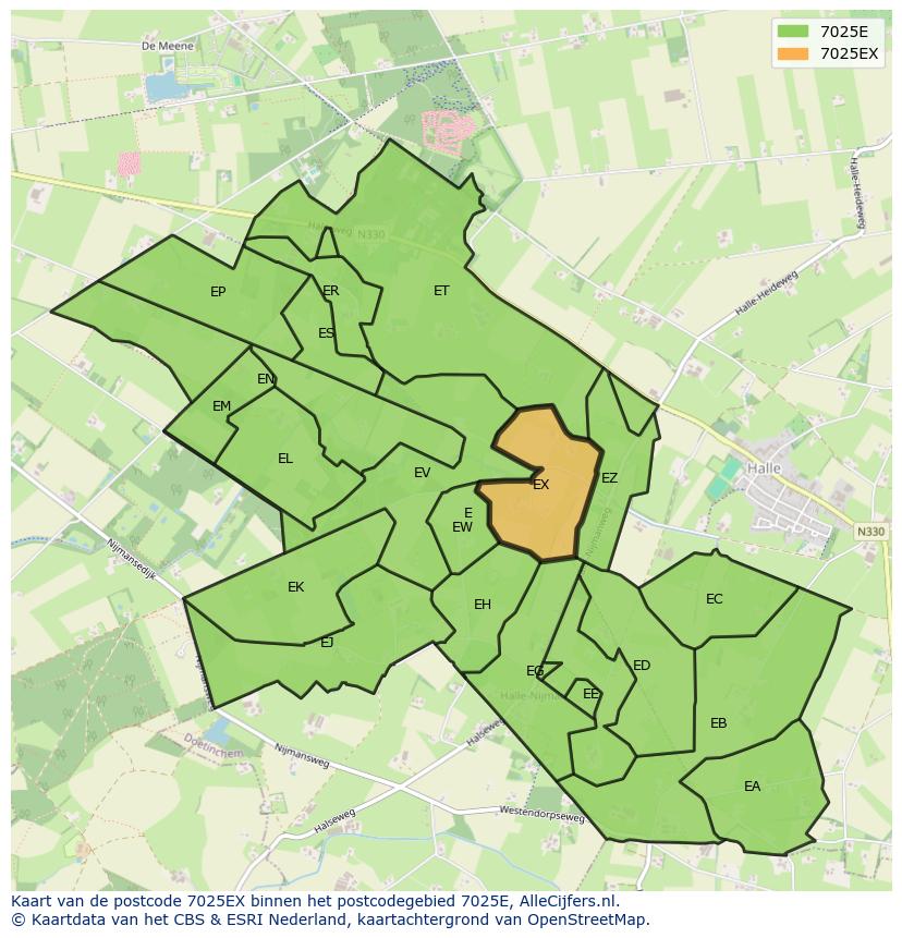 Afbeelding van het postcodegebied 7025 EX op de kaart.