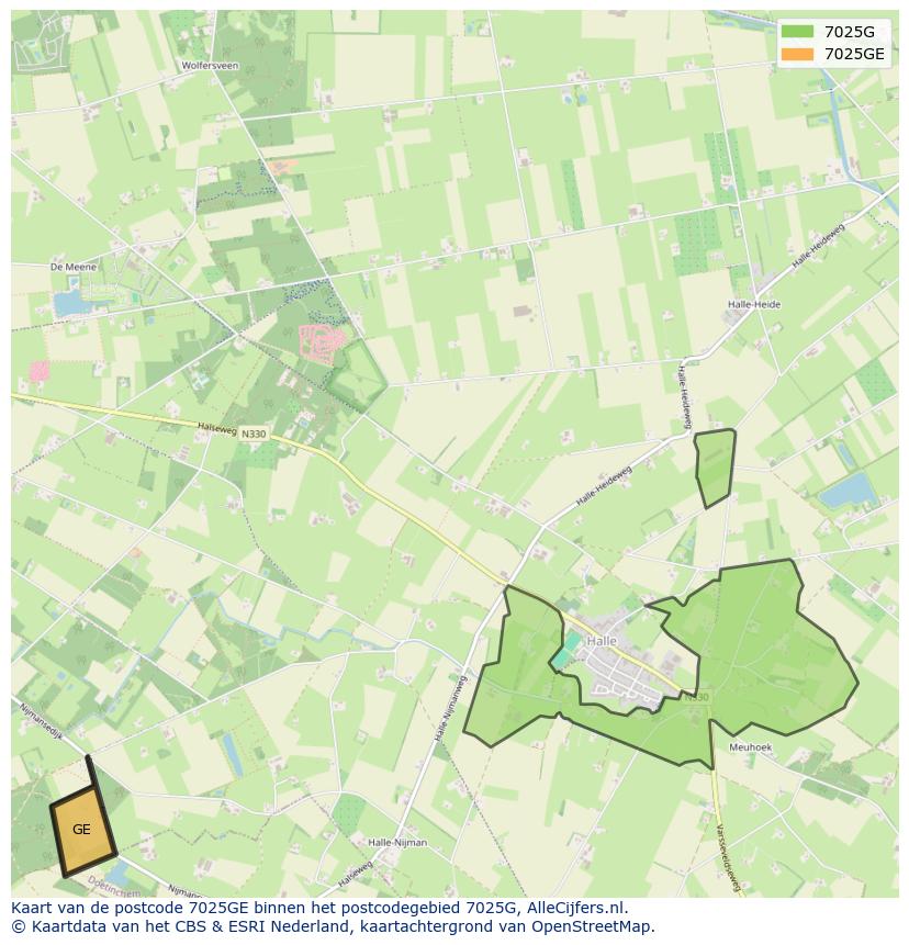 Afbeelding van het postcodegebied 7025 GE op de kaart.