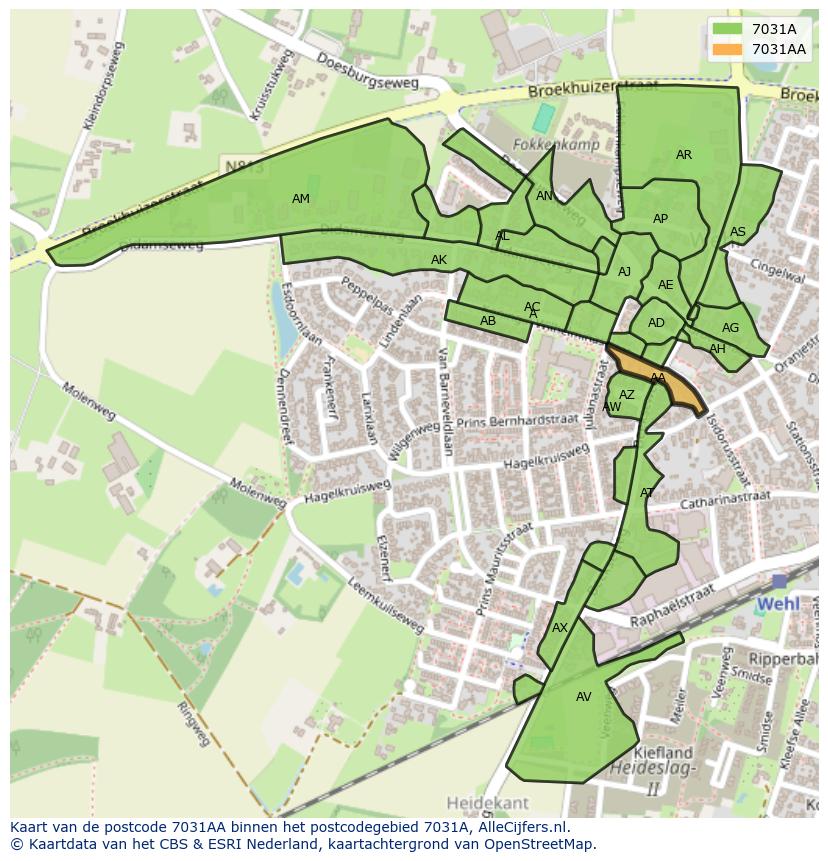 Afbeelding van het postcodegebied 7031 AA op de kaart.