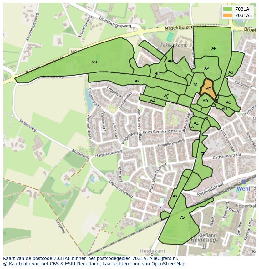 Afbeelding van het postcodegebied 7031 AE op de kaart.