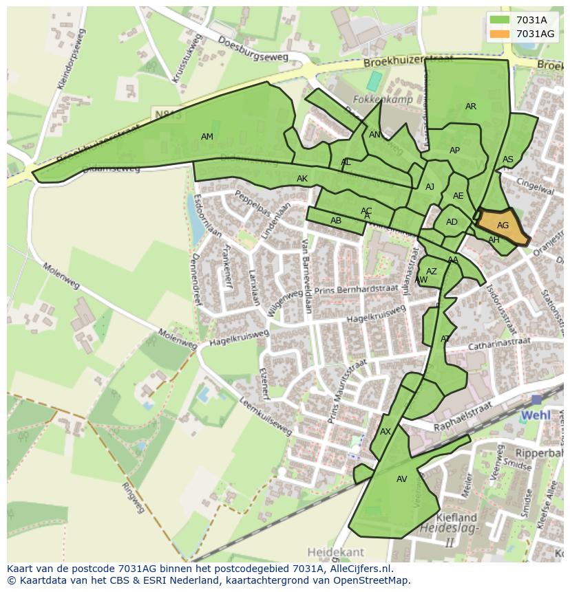 Afbeelding van het postcodegebied 7031 AG op de kaart.