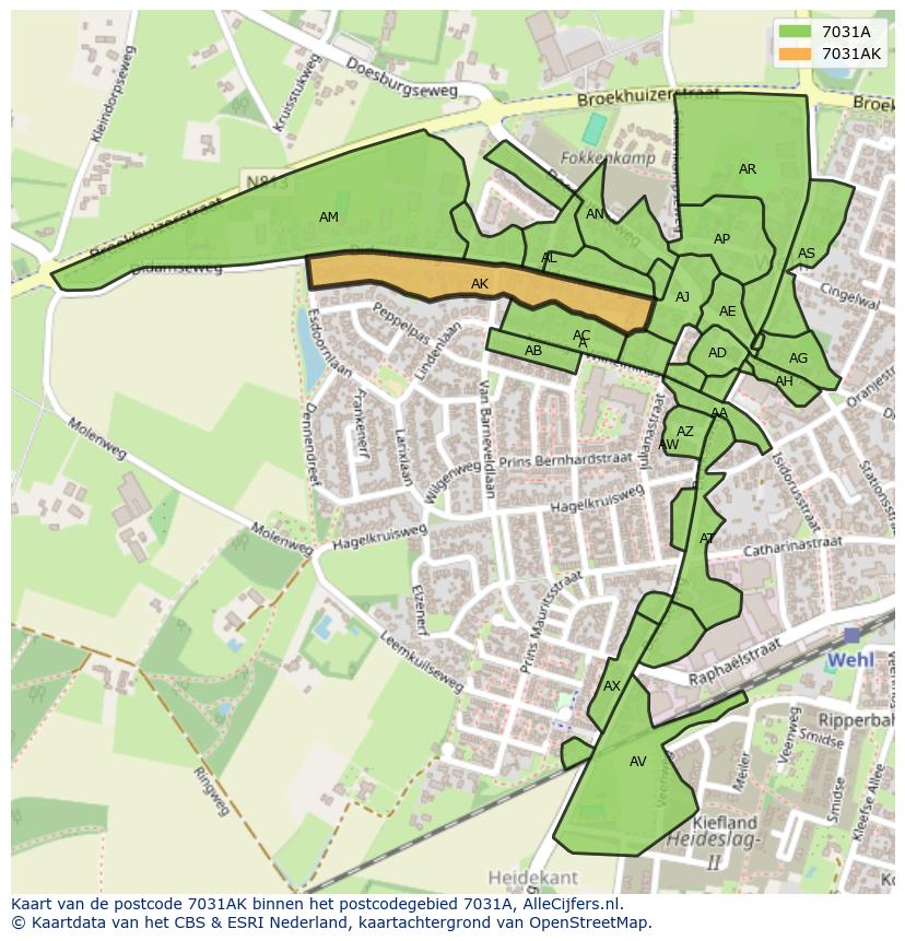 Afbeelding van het postcodegebied 7031 AK op de kaart.