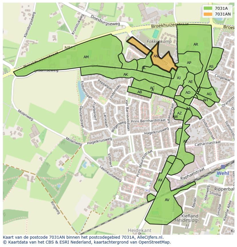 Afbeelding van het postcodegebied 7031 AN op de kaart.
