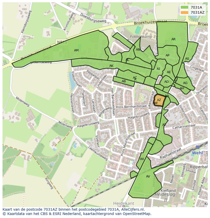 Afbeelding van het postcodegebied 7031 AZ op de kaart.