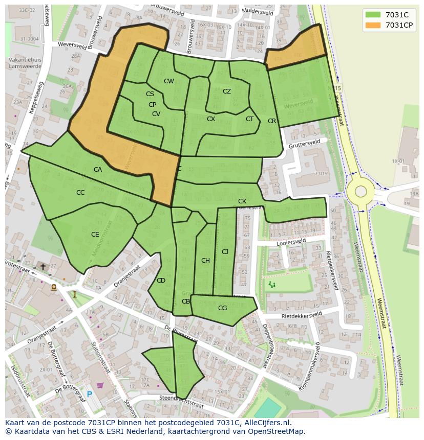 Afbeelding van het postcodegebied 7031 CP op de kaart.