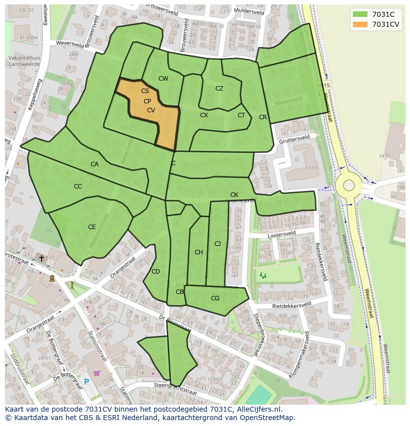 Afbeelding van het postcodegebied 7031 CV op de kaart.