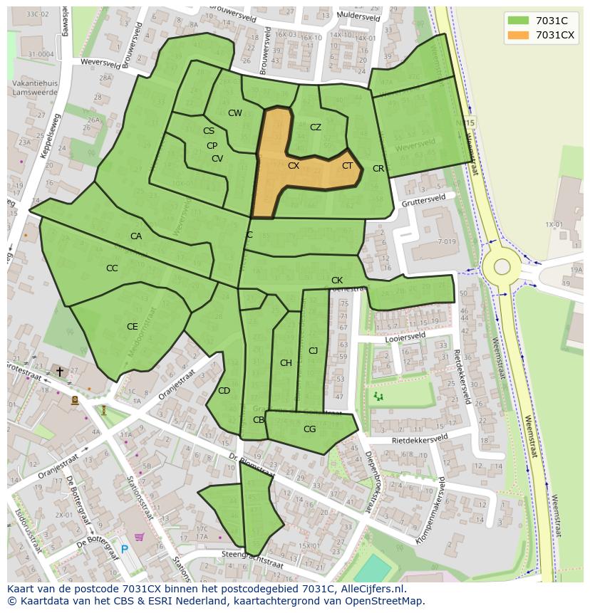 Afbeelding van het postcodegebied 7031 CX op de kaart.