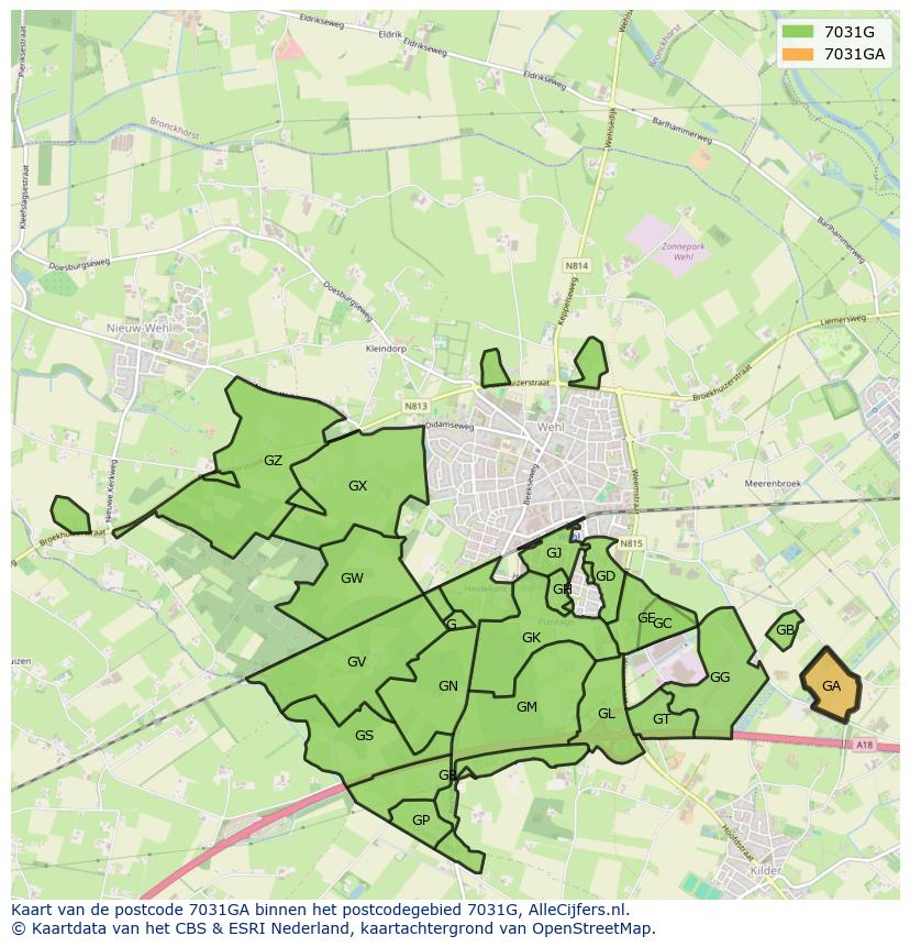Afbeelding van het postcodegebied 7031 GA op de kaart.