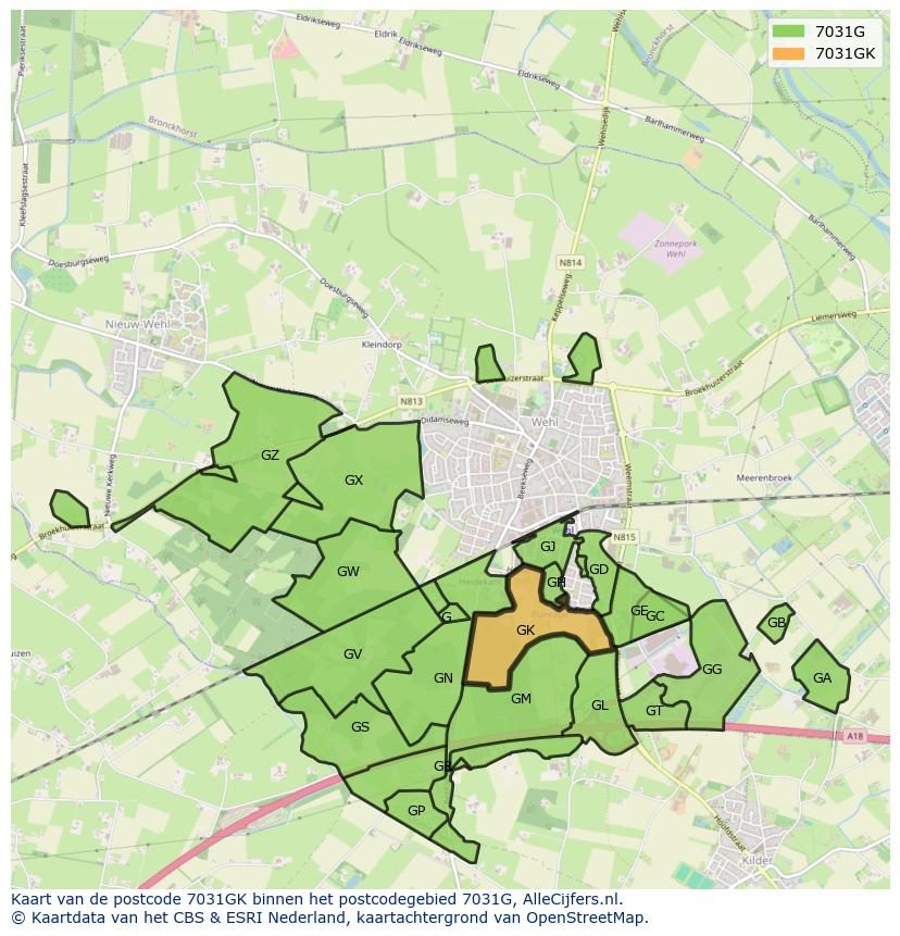 Afbeelding van het postcodegebied 7031 GK op de kaart.