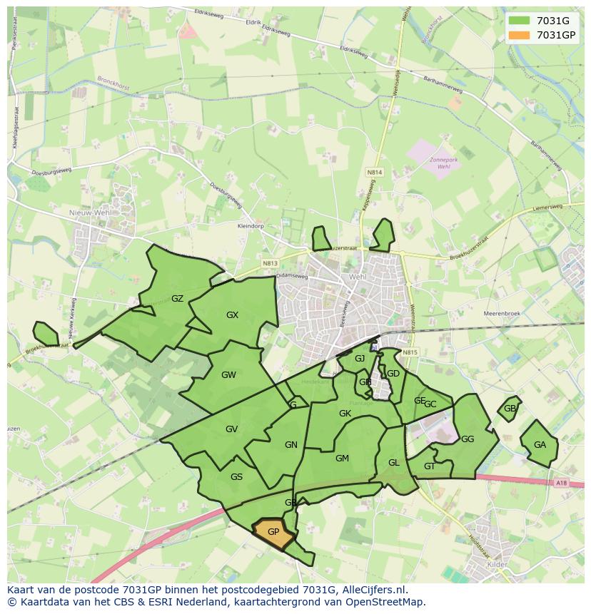 Afbeelding van het postcodegebied 7031 GP op de kaart.