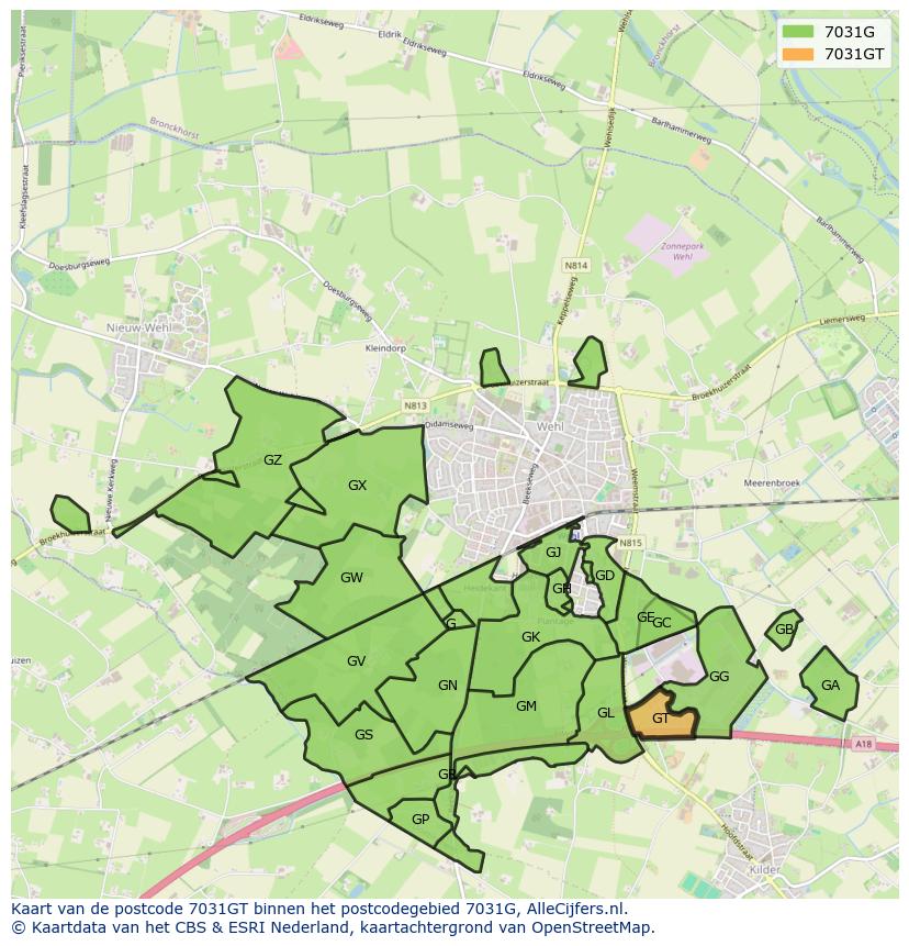 Afbeelding van het postcodegebied 7031 GT op de kaart.