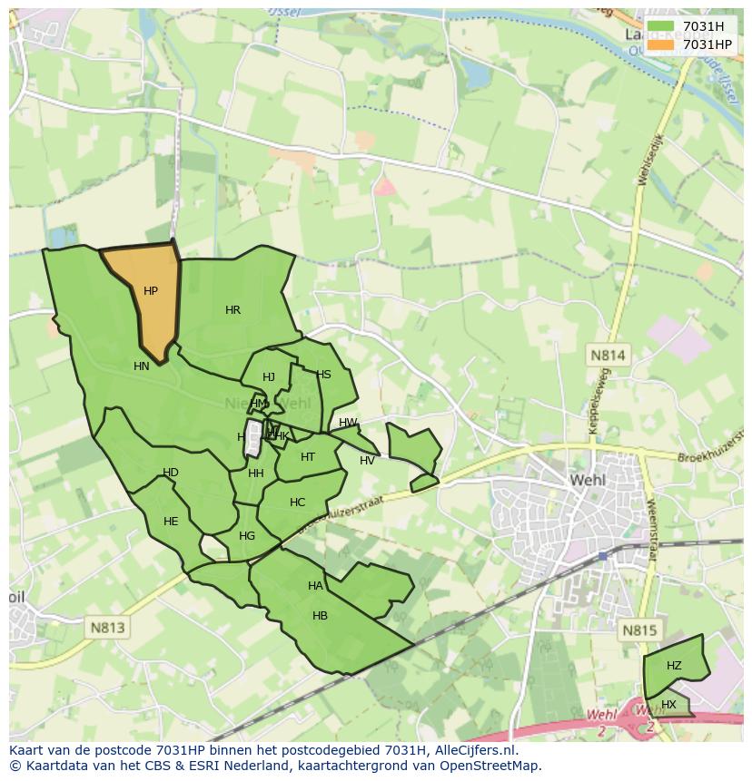 Afbeelding van het postcodegebied 7031 HP op de kaart.