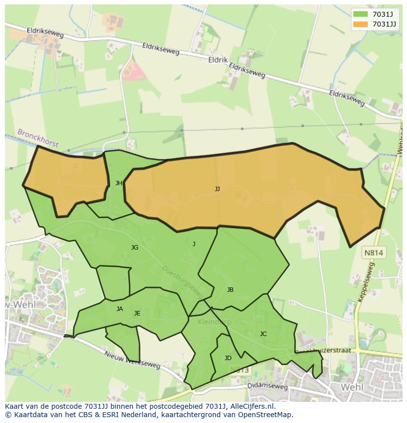 Afbeelding van het postcodegebied 7031 JJ op de kaart.