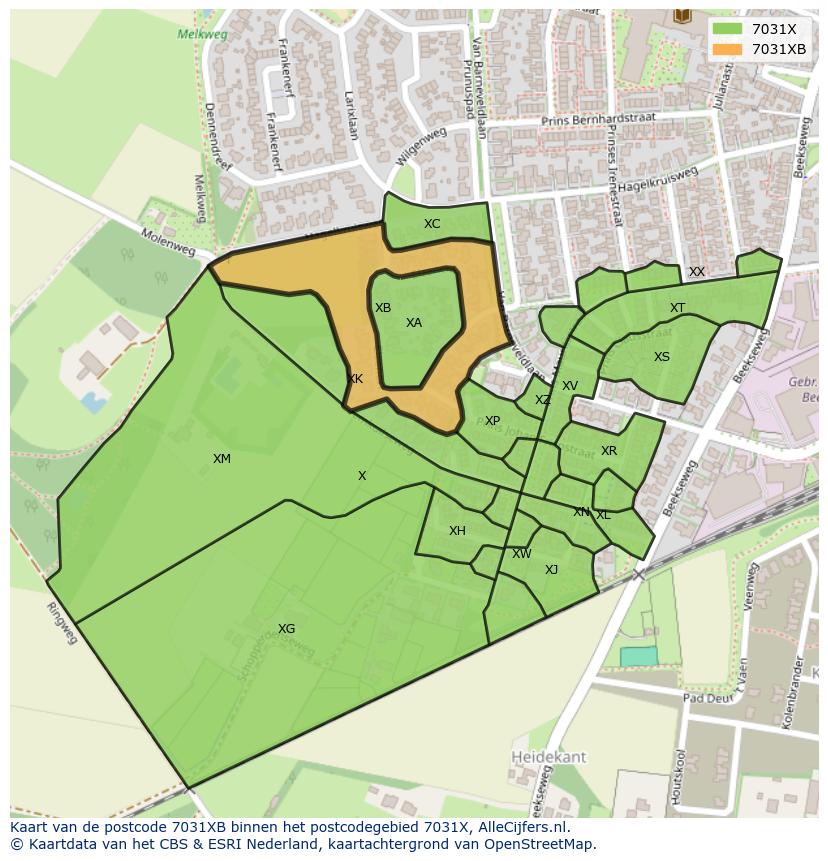 Afbeelding van het postcodegebied 7031 XB op de kaart.