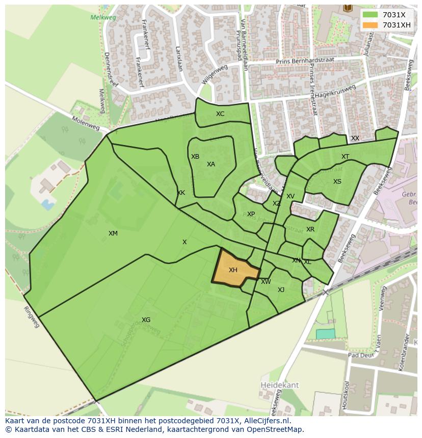 Afbeelding van het postcodegebied 7031 XH op de kaart.