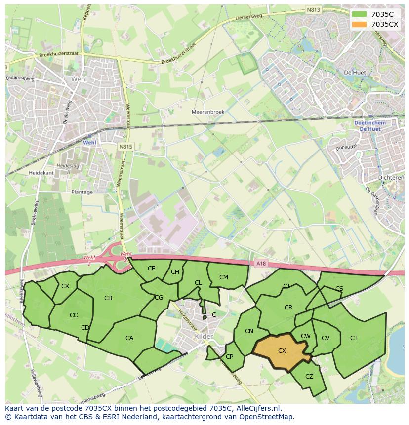Afbeelding van het postcodegebied 7035 CX op de kaart.