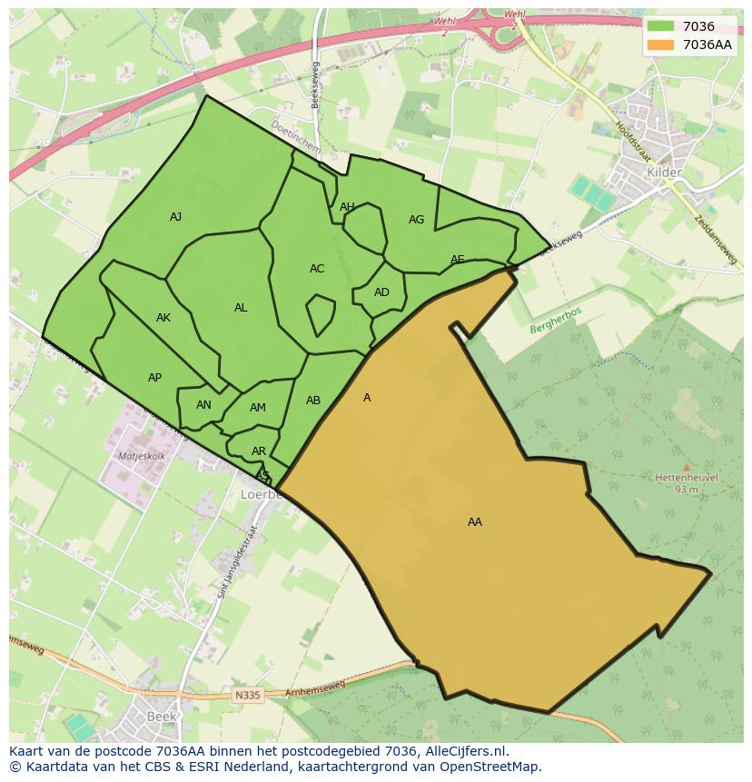 Afbeelding van het postcodegebied 7036 AA op de kaart.