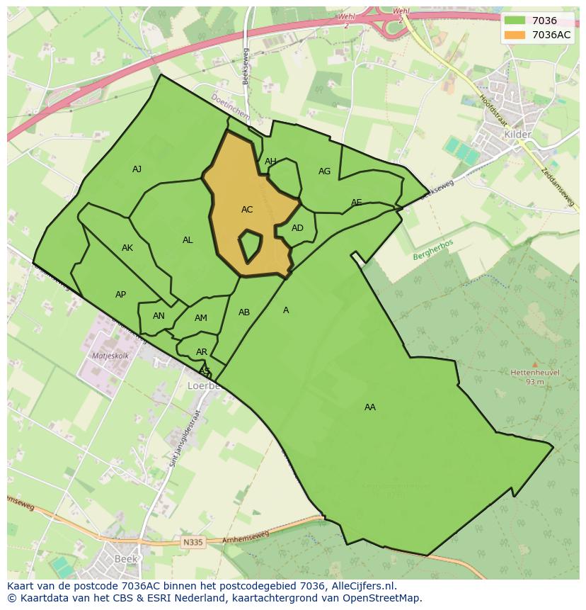 Afbeelding van het postcodegebied 7036 AC op de kaart.